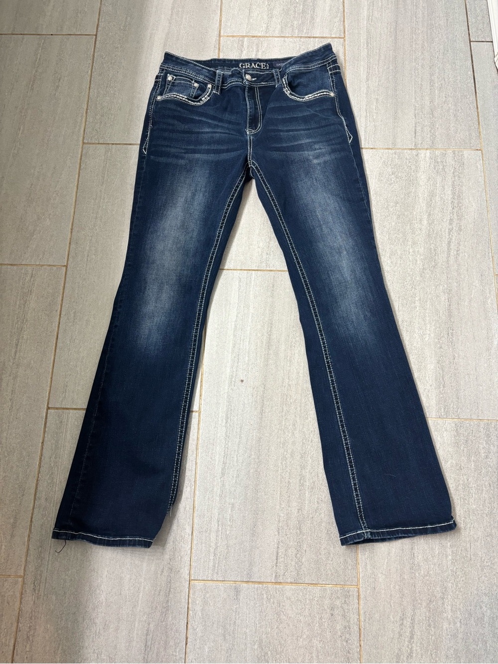 GRACE IN LA Y2K Embellished Bootcut Jeans Heavy Stitch Rhinestone Dark Wash 32